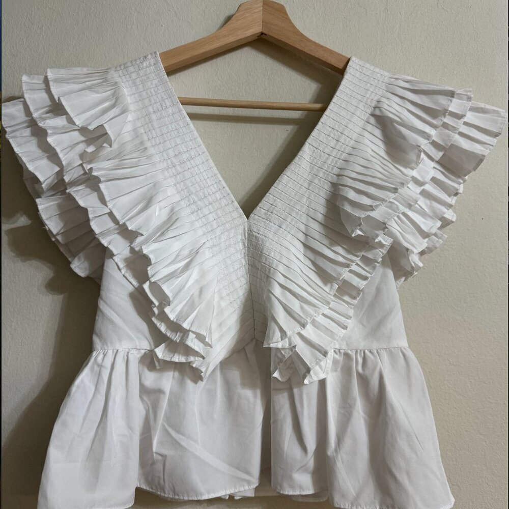 Zara White Ruffled V-Neck Top Size XS NEW WITH TAG! - Picture 6 of 6